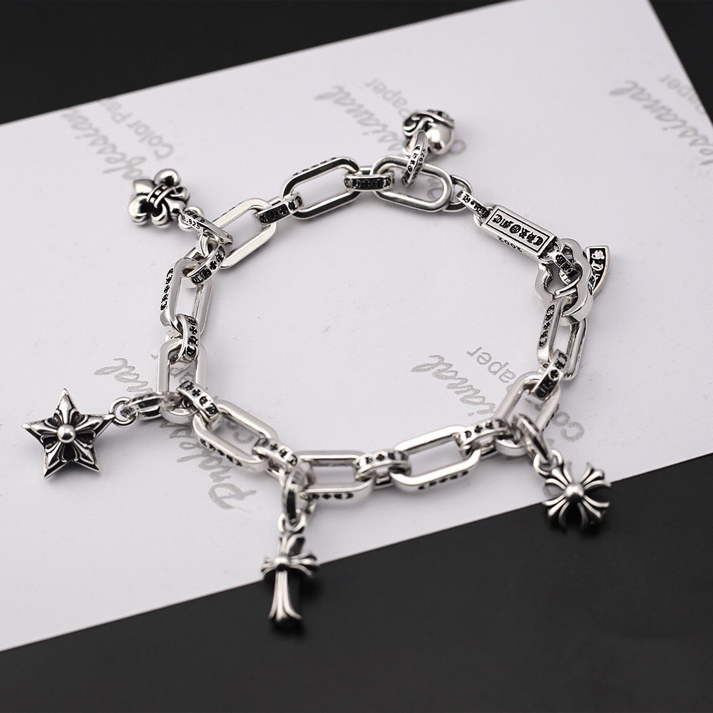 Chrome Hearts Multi Charm Cross Anchor Vintage Silver Bracelet Unisex